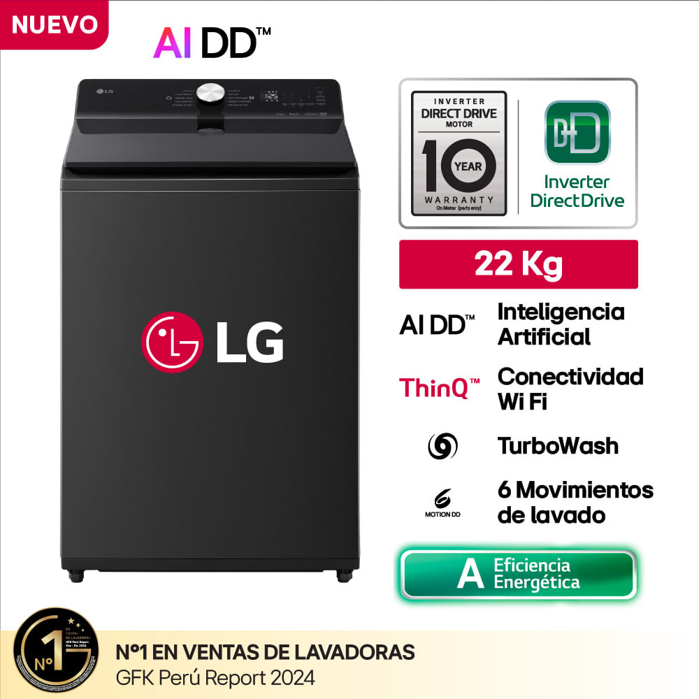 Lavadora Carga Superior LG WT22OBTX 22 Kg AI DD Onyx Negro