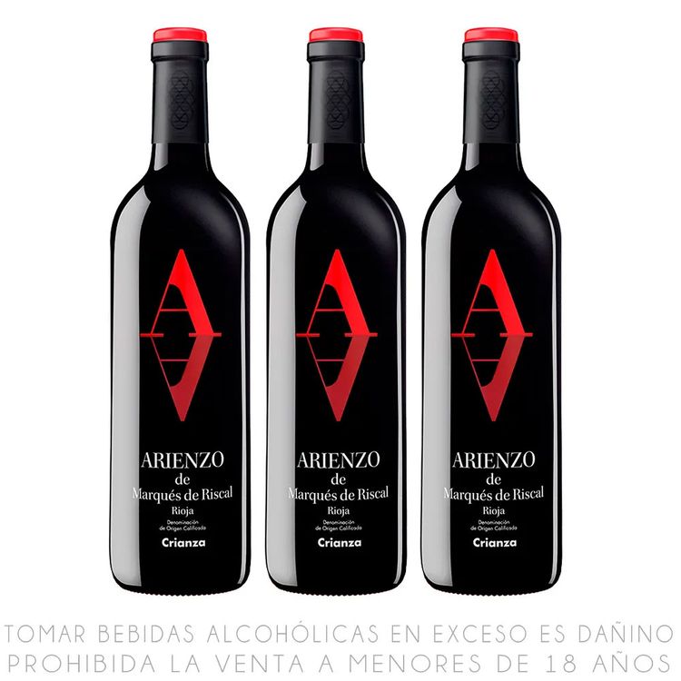 Tripack Vino Tinto Tempranillo Arienzo Crianza Botella 750ml