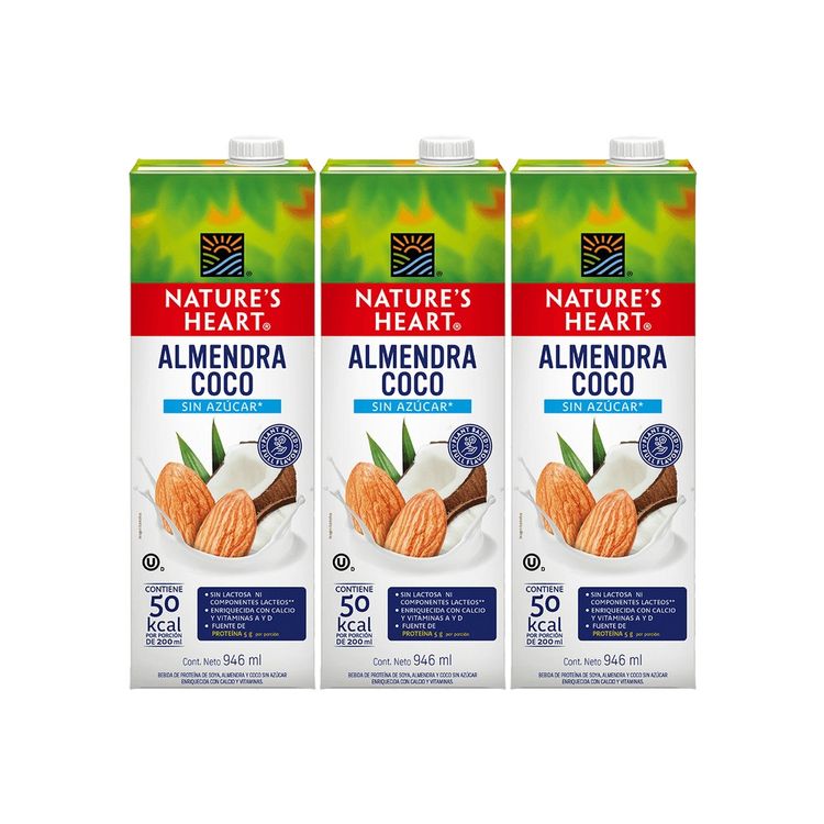 Tripack Bebida de Almendra Coco Nature's Heart Sin Azúcar Caja 946ml