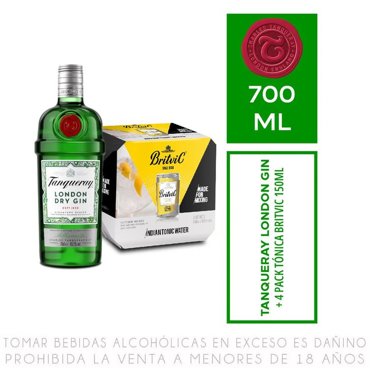 Gin Tanqueray London Dry 700ml + Fourpack Agua Tónica Britvic 150ml