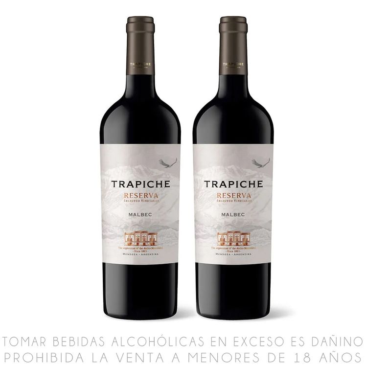 Twopack Vino Tinto Malbec Trapiche Reserva Botella 750ml